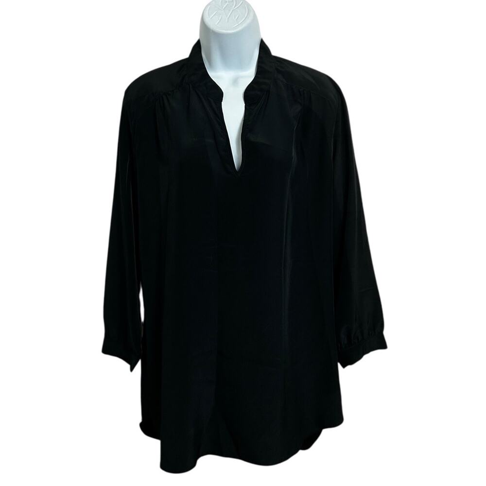 A-New York Black V-Neck Blouse Sz M Silky Long-Sleeve Loose Long Top Minimalist - Picture 3 of 8